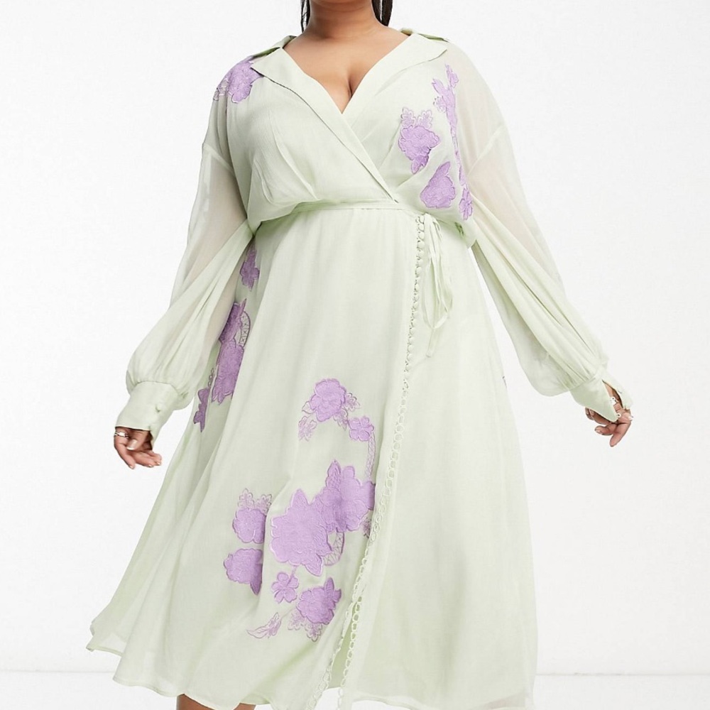 ASOS Curve Mint Green Midi Dress with Lavender Appliqué